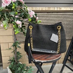NWT Black Straw Saks Fifth Avenue Bag